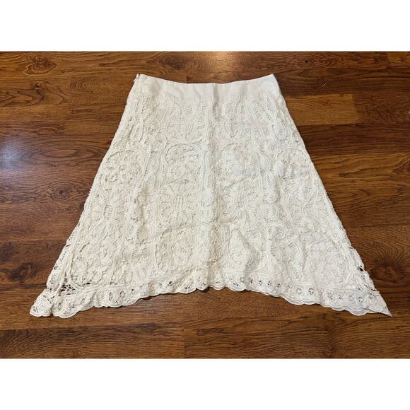 Banana Republic Women's Cotton Blend Scalloped Lace Overlay Midi Skirt White  6 - Picture 2 of 8